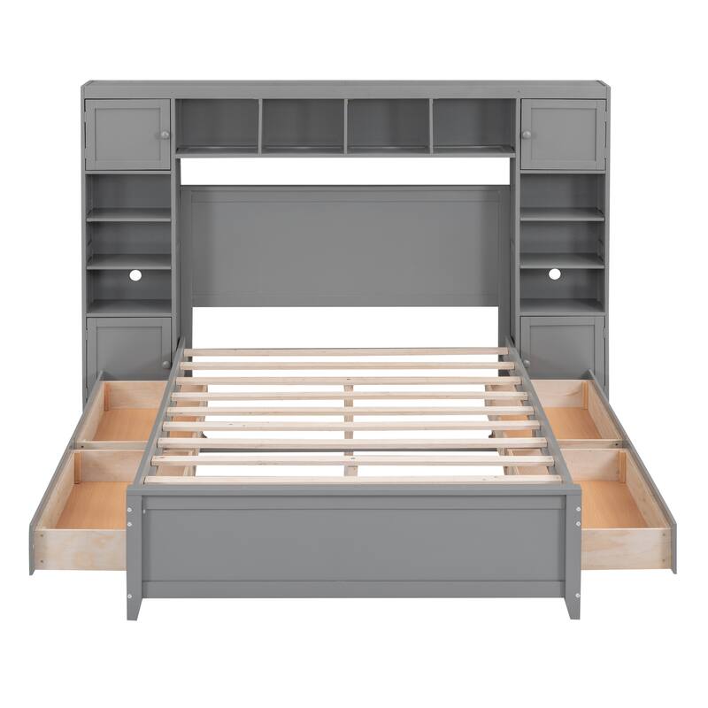 Wood Platform Bed with All-in-One Cabinet and Shelf, Slat Support Bed Frame, Storage Headboard with 10 Shelf Cubes & 4 Cabinets