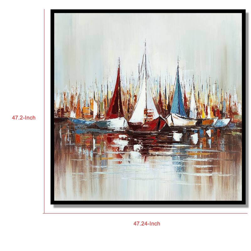 Hy 47 x 47 Hand Painted Multicolor Boats in Standing Water, Black PS Frame - White, Blue, Red, Yellow