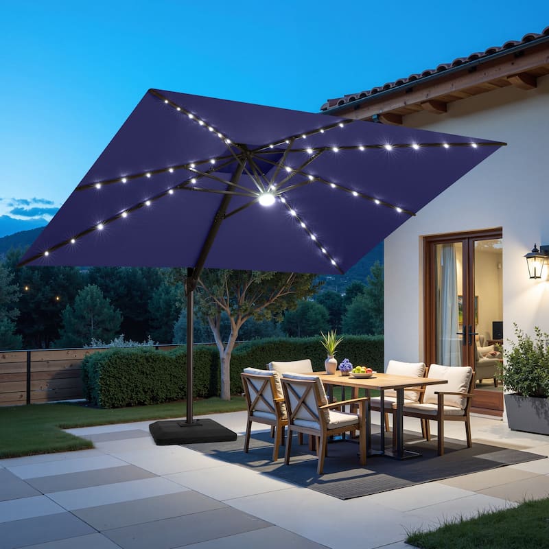 9 x11 FT Cantilever Patio Umbrella with Weighted Base, Double Canopy & LED Lights