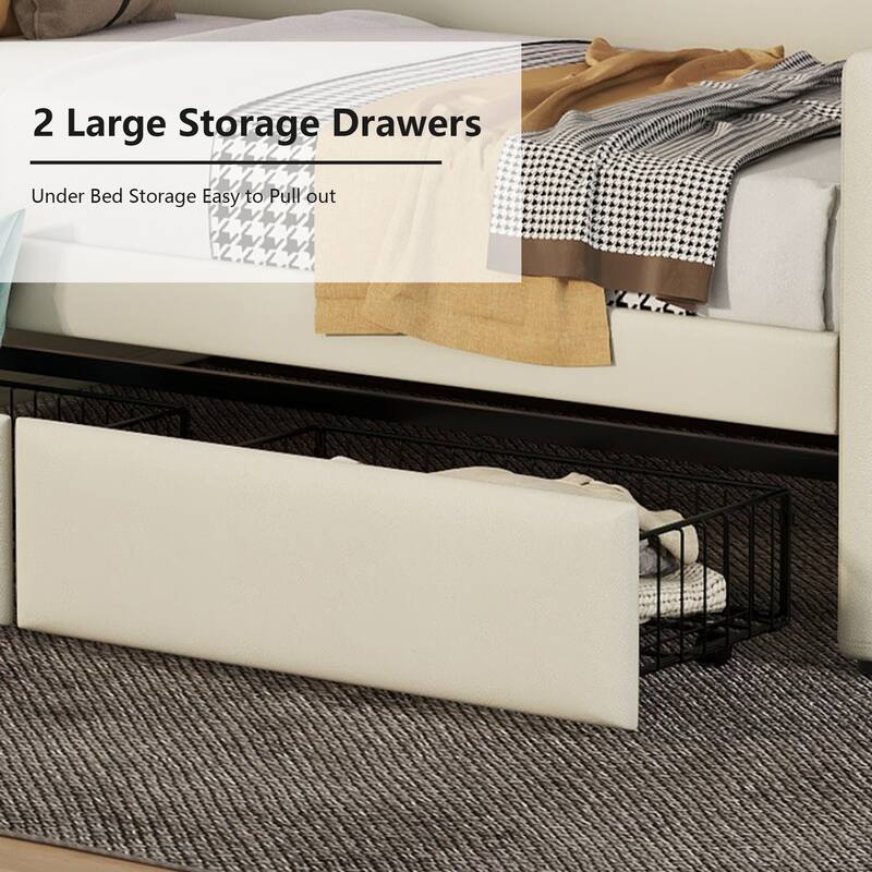 PU Leather Upholstered Daybed with Storage Headboard and 2 Drawers, Twin Sofa Bed Frame with LED Lights and USB Charging Station
