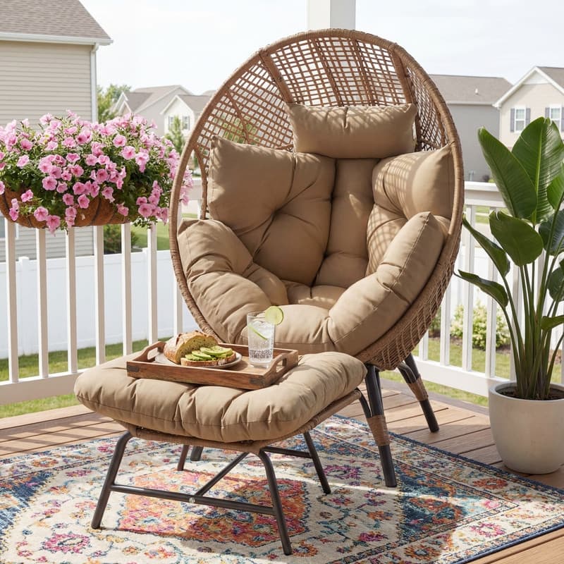 Oversized Wicker Egg Chair with Ottoman, 6.5" Thick Cushions, 440 lb Capacity, Stationary Boho Indoor/Outdoor Lounge Chair - Brown