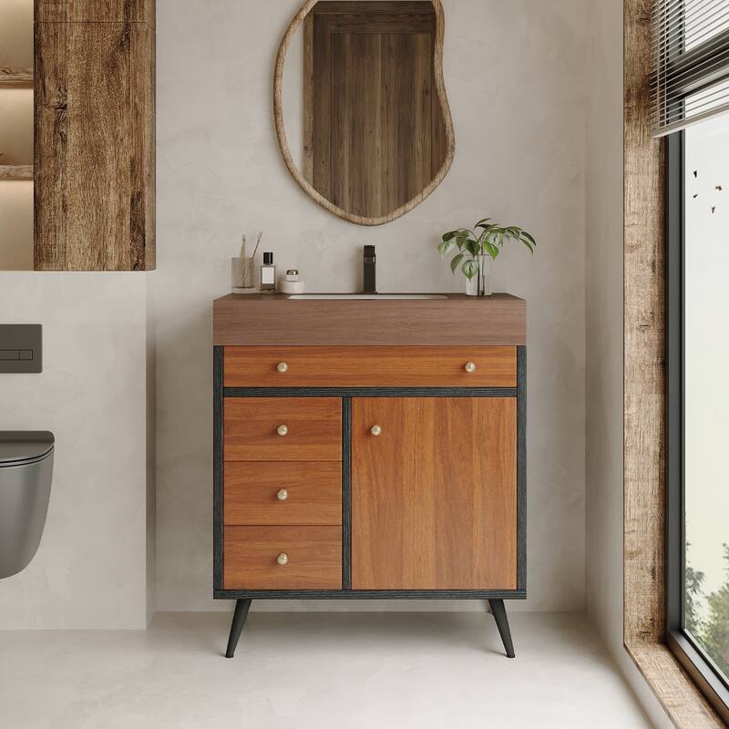 GDFStudio - Bristol Modern 29.9" Freestanding Bathroom Vanity with Sintered Stone Top, Ceramic Sink & Stainless Steel Legs - Walnut Finish - Brown Top