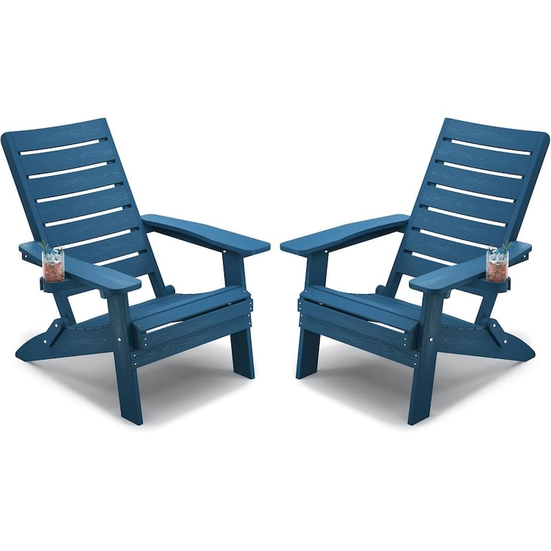 WINSOON HIPS All Weather Folding Adirondack Chairs with Arc Back & Cup Holder Set Of 2 - Navy