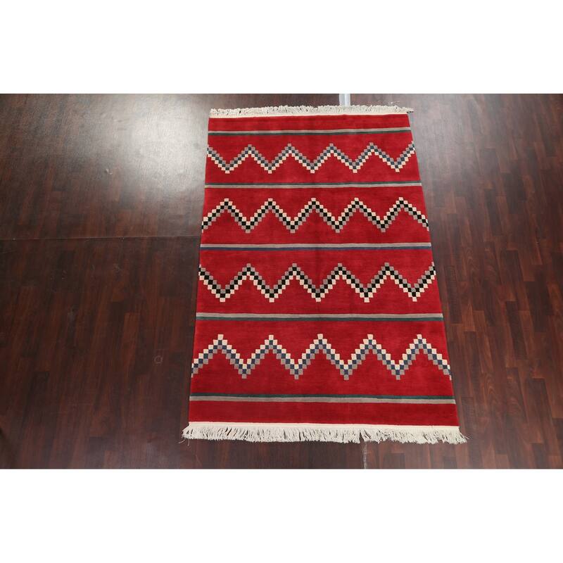 Vegetable Dye Tribal Chevron Nepalese Oriental Wool Area Rug Handmade - 6'0" x 9'0"