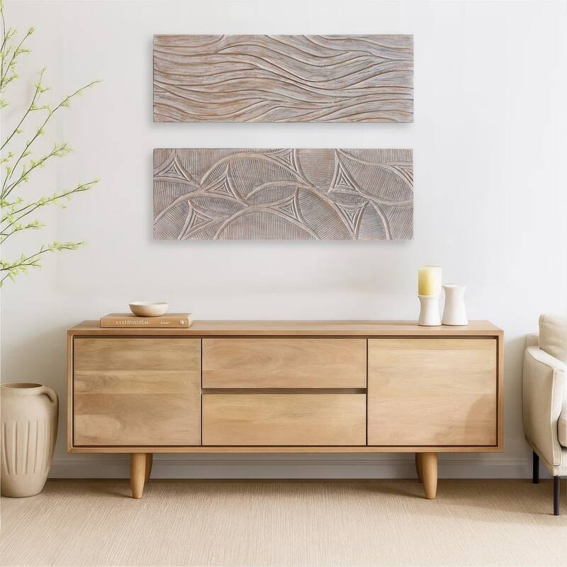 2pc Wood Wall Art Panels 16x48 Inch Abstract Geometric and Wave Pattern Decor Distressed Gray - Distressed Gray