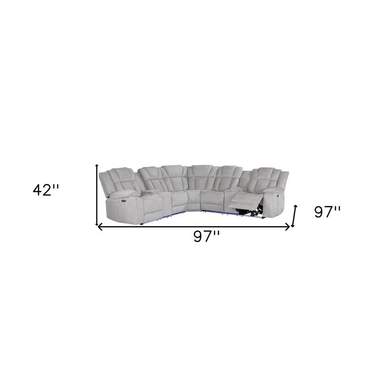 HomeRoots Light Gray Fabric Power Reclining Curved Corner Sectional With Console