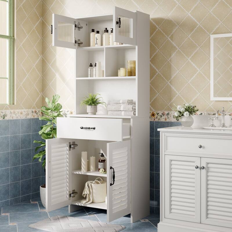 Water-Resistant MDF Bathroom Vanity with Louvered Doors, Tempered Glass Top Cabinet, and Decorative Hardware