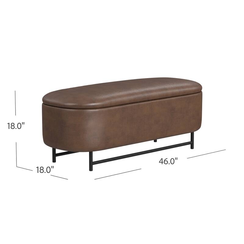 Pat Storage Bench Ottoman, Brown Faux Leather, Black Metal, 46 Inch