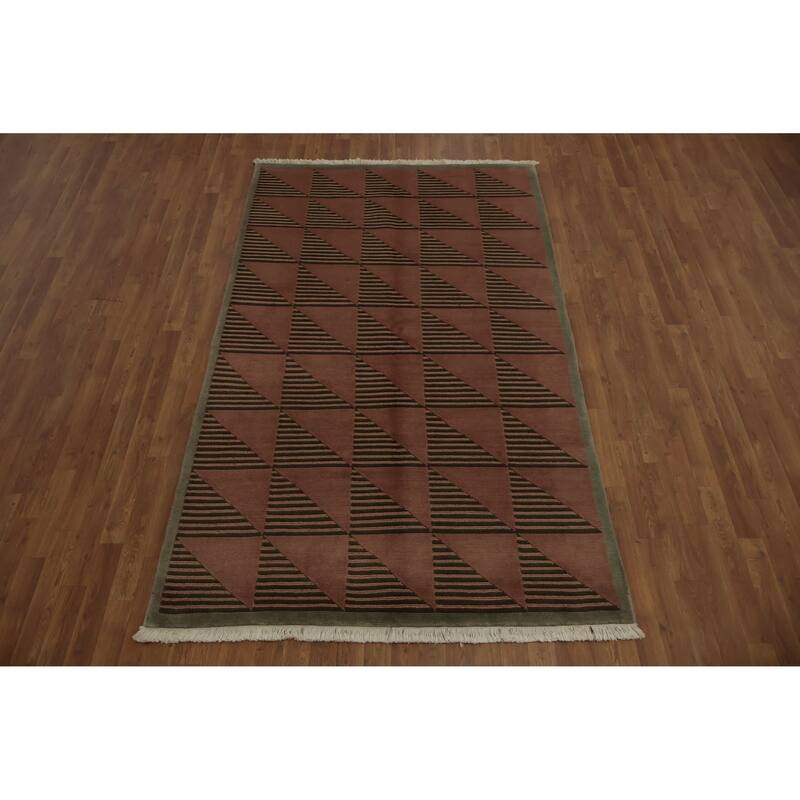 Hand Knotted Oriental 100% Wool Carpet Modern Geometric Pink Nepalese Area Rug - 8' 3'' X 4' 11''