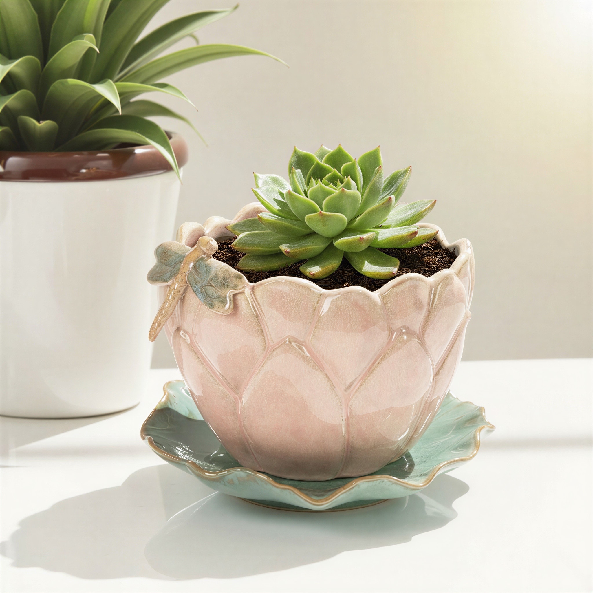 Stoneware Flower Shaped Planter with 3D Dragonfly and Leaf Saucer in Reactive Glaze - 7.38"L x 7.25"W x 5.25"H