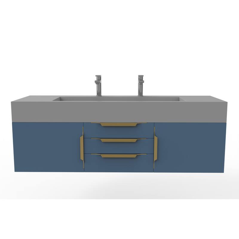 Nile 60" Wall Mounted Bathroom Vanity Set with Gray Solid Surface Top - Blue - Gold Finish