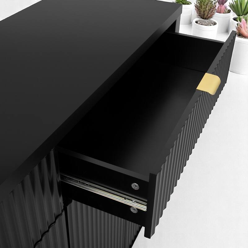 Wave-Grain Sideboard Buffet Cabinet with Drawers and Adjustable Shelves, 55in Console Table with Aluminum Handles