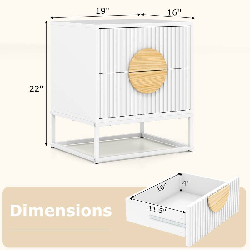 Costway 1/2 PCS Fluted Nightstand with 2 Drawers with Pine Wood