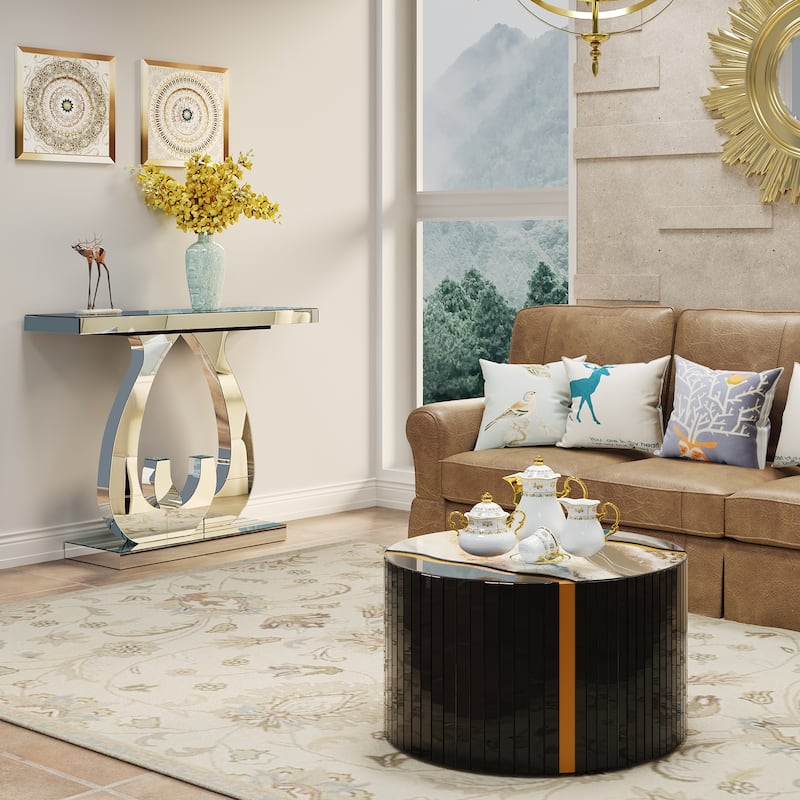 Marble pattern sticker Round Coffee Table, Cylindrical Silver Mirror with Gold Dust Finish, Modern Home Decor Table