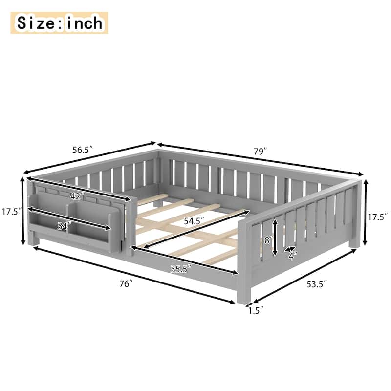 Low Profile Montessori Bed Floor Platform Bed with Fence and Bookshelf