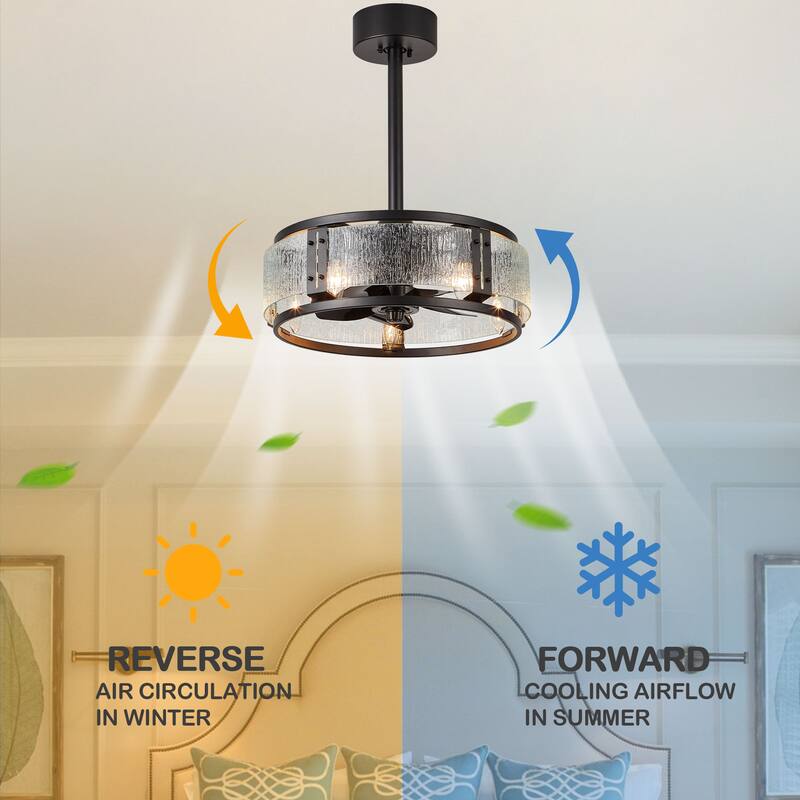Cusp Barn 18" Caged Ceiling Fan with Light,Modern Black Reversible Quiet Fan Light,Glass Decoration Fixture,6-Speeds with Remote