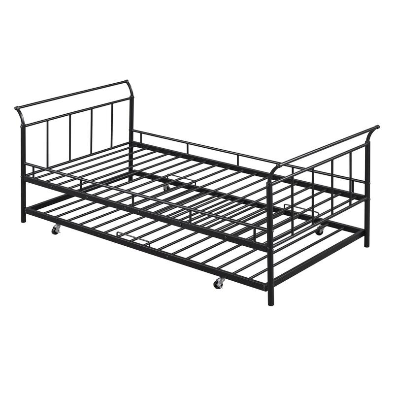 Metal Daybed with Curved Handle Design and Twin Size Trundle, Sturdy Bed Frame, Heavy Duty Metal