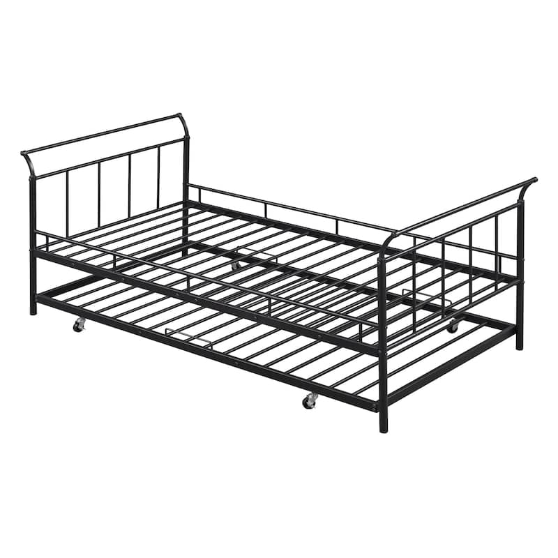 Twin Size Metal Daybed with Curved Handle & Twin Trundle
