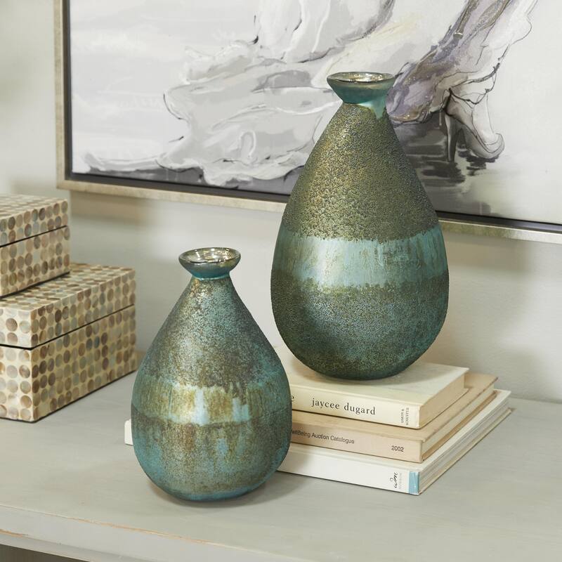 Glass Blown Teardrop Decorative Vase - Set of 2 Gold, Green, Gray - Roche River Decor