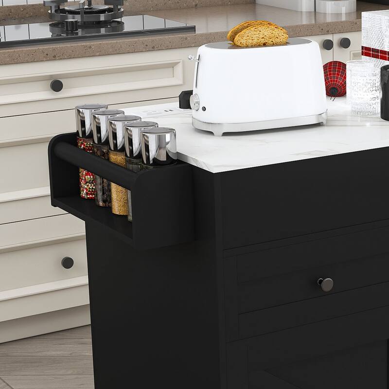 75" Kitchen Island with Extendable Table & Power Outlet - Rolling Storage Cart with Marble Top & Cabinet for Dining Room