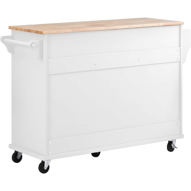Kitchen Island with on Locking Wheels, Rolling Cart with Rubber Wood Desktop, Mobile Island with 3 Open Shelves & 5 Drawers