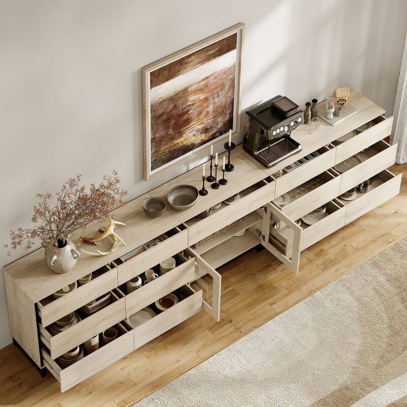 WAMPAT 3 in 1 Modern Sideboard with Glass Doors and 3 Drawers, Coffee Bar Cabinet for Kitchen