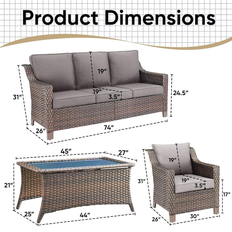 Outside Patio Sofa Chair with Cushions - Brwon Wicker Beige Cushion - 4PCS Patio Chair with Ottoman