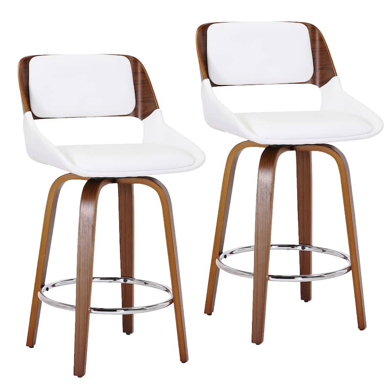 Mid-Century Faux Leather and Wood 26" Counter Stool with Swivel, Set of 2