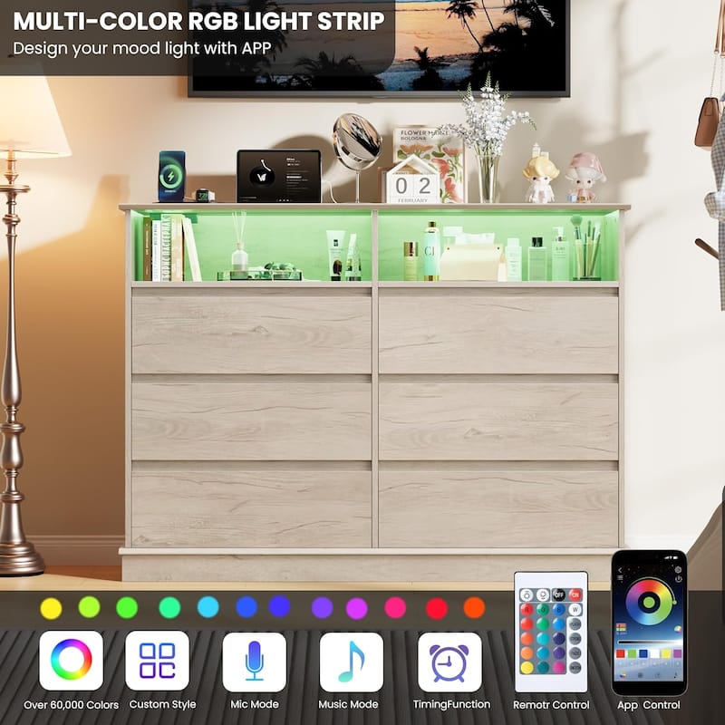 6-Drawer Dresser w/ LED Lights & Charging Station, Wide Storage