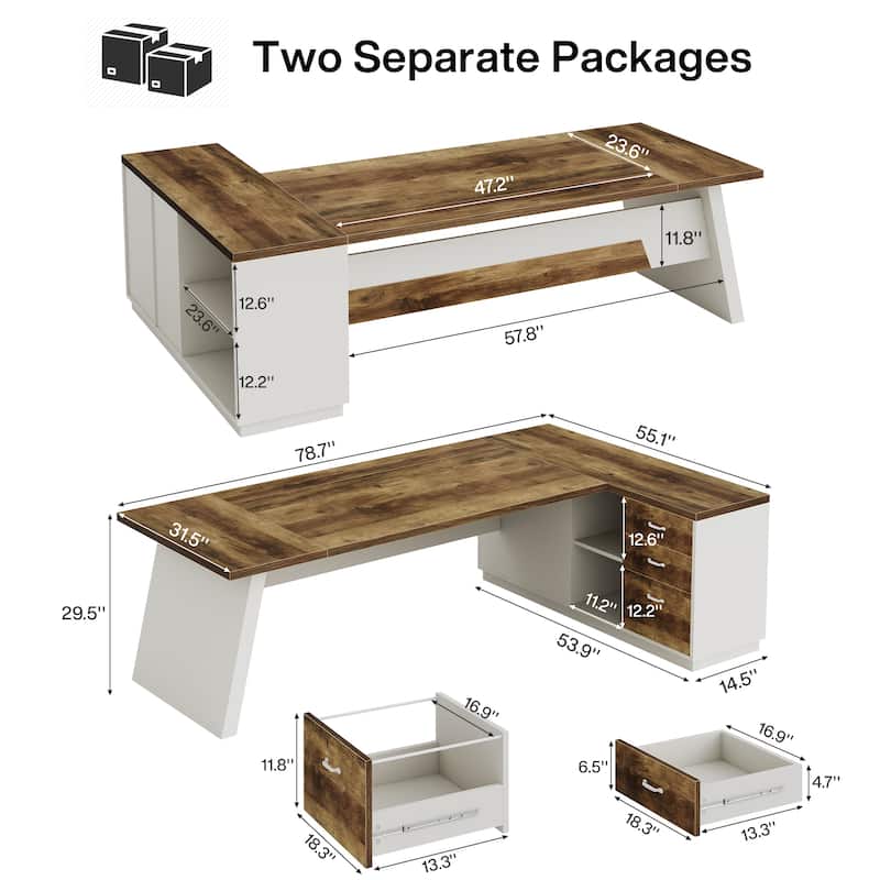 78.7-inch L Shaped Executive Desk with Drawers and Lateral File Cabinet