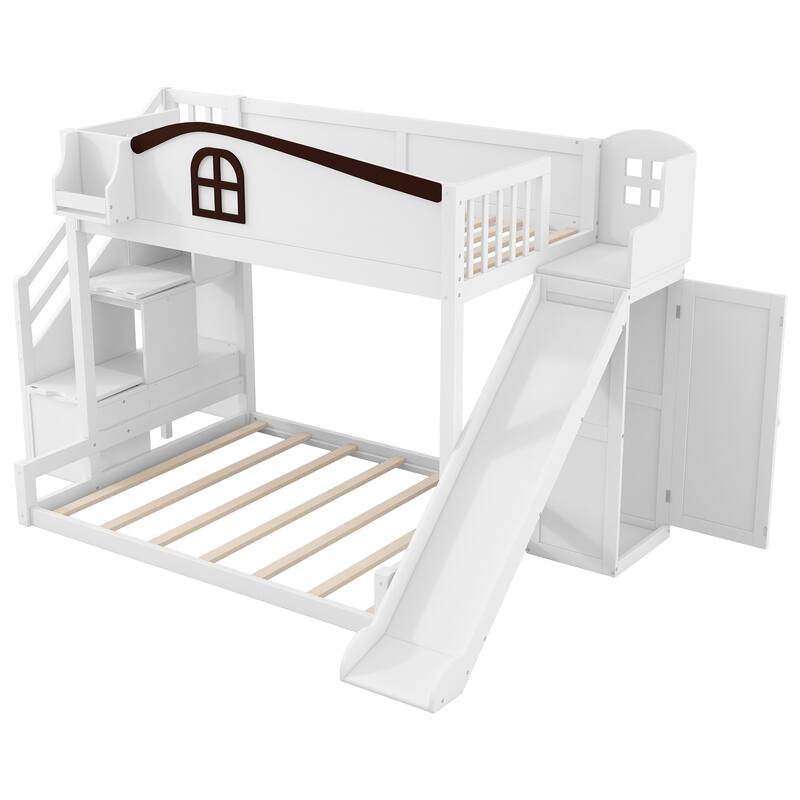 Roomfitters Twin Over Full Bunk Bed with Slide, Wardrobe and Storage Staircase