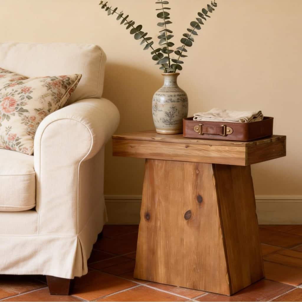 Solid End Table, 23.6" Wood Side Table with Trapezoid Base for Small Space, Living Room