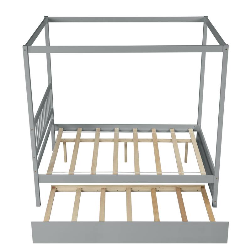 Solid Wood House Canopy Bed with Twin Trundle, Full Size Platform Bed Frame with Headboard, No Box Spring Needed, Grey