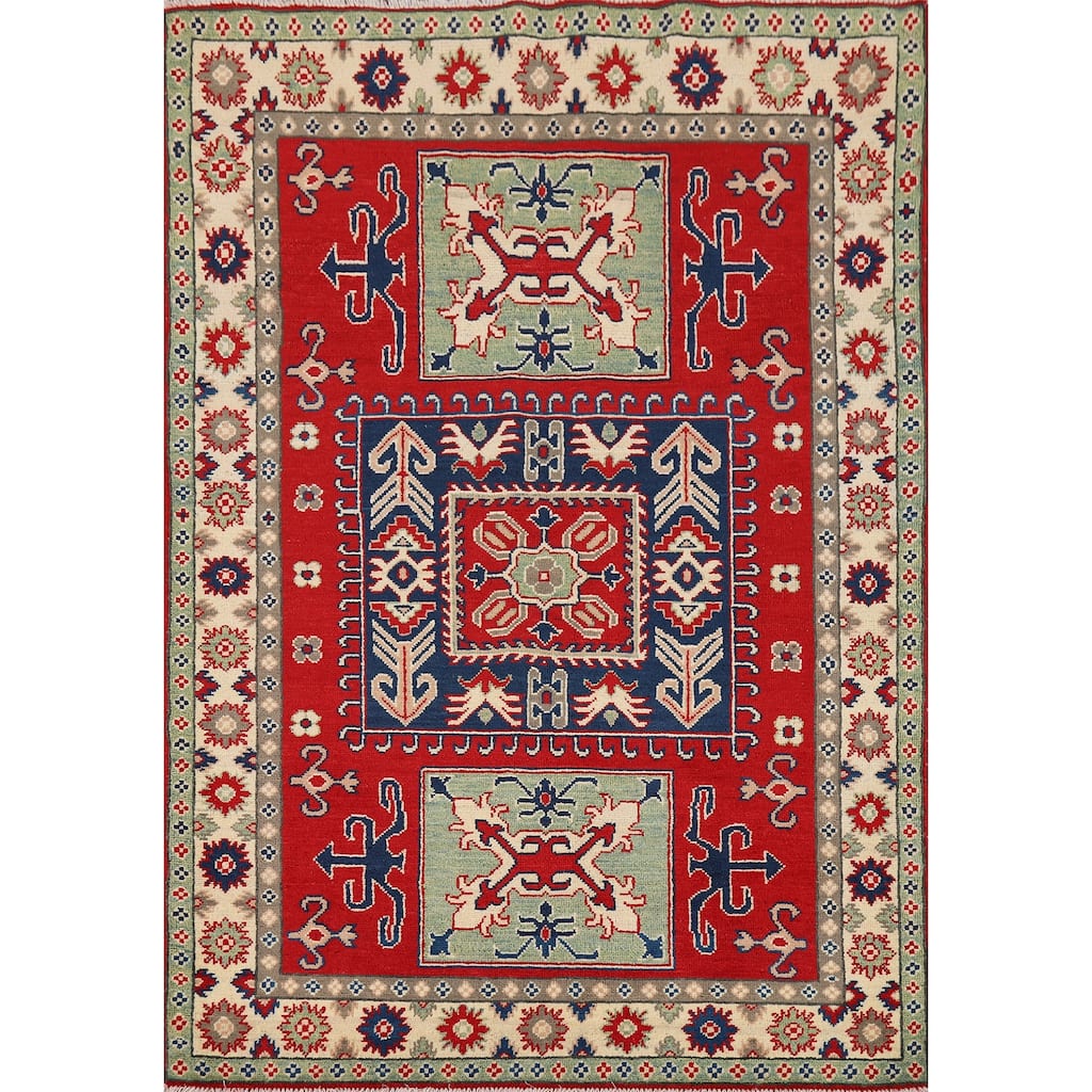 Red Kazak Accent Rug Handmade Traditional Bedroom Wool Carpet - 4'0" x 5'8"