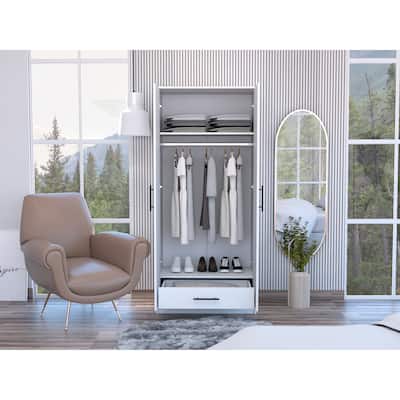 Bedroom Rectangle 2-Door Armoire with Drawer and Shelves, White
