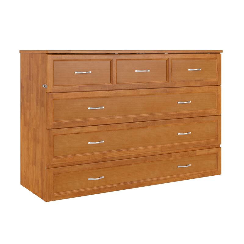 Northfield Queen Murphy Bed Chest with 6" Mattress, Storage Drawer & Built-In Charger in Light Toffee
