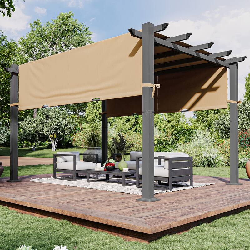 Outdoor Pergola, Retractable Adjustable Roof, Aluminum Sun Shade Canopy - 12'x10' - Brown side