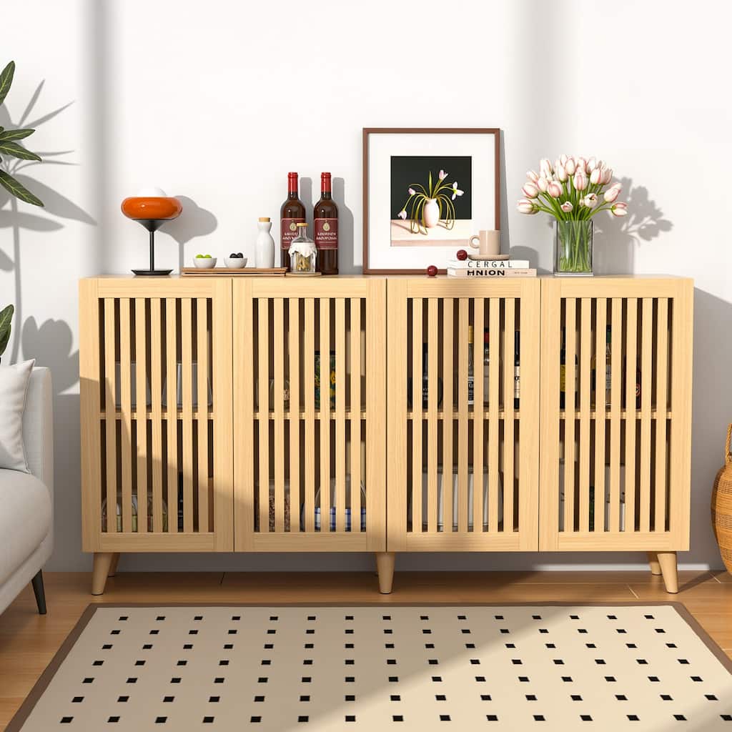 63" Sideboard Storage Cabinet with Slatted Doors, Modern Buffet Credenza for Dining Room & Entryway