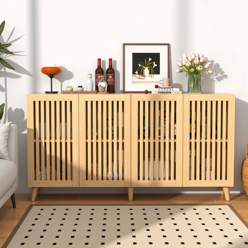 63" Sideboard Storage Cabinet with Slatted Doors, Modern Buffet Credenza for Dining Room & Entryway - Beige