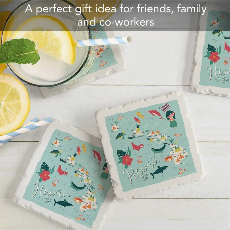 Hawaii Home 4-Pack Absorbent Stone Coasters with Protective Cork Backing 4" Square Made in The USA Artistic Easily Wipes Clean