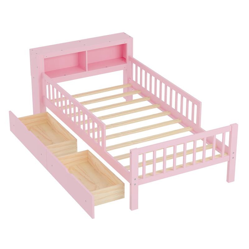 Twin Size Bed with Headboard Storage, Under-Bed Drawers & Safety Guardrails,Pink