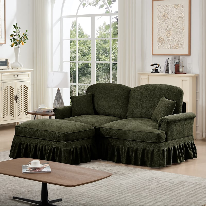 76.4" L Shaped 2-Seat Sectional Sofa, Chenille Couch with Ottoman, Flared Arms Loveseat with Removable Ruffles Pleats Skirts