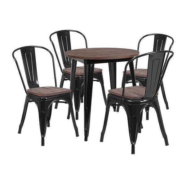 Offex 26" Round Black Metal Table Set with Wood Top and 4 Stack Chairs