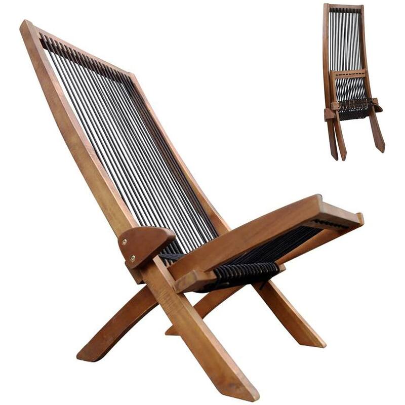 Folding Roping Solid Wood Outdoor Chair, Modern Low Profile Lounge Chair for Patio, Backyard, Deck, Porch, Poolside Garden, Lawn