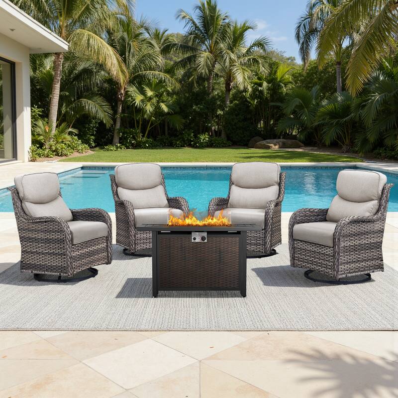 Meyreso 5-Piece Outdoor Patio Wicker Fire Pit 4 person Conversation Set with 5-Inch Thick Cushions