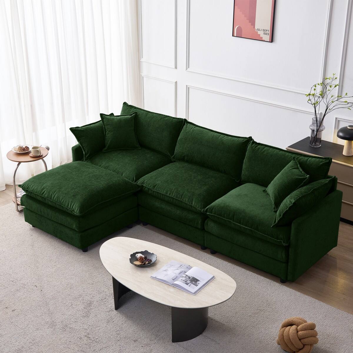 105" Modern L-Shaped Chenille Fabric Sectional Sofa with Ottoman