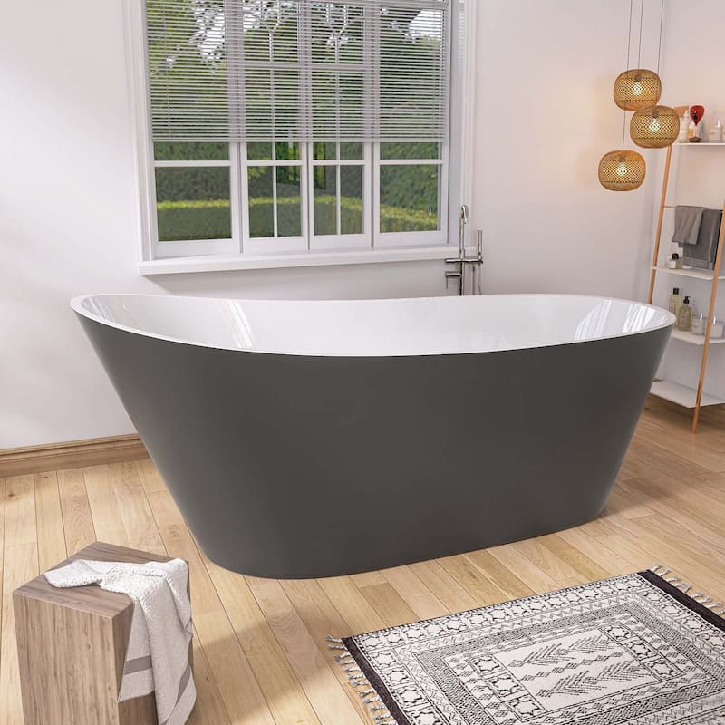59 Inch Acrylic Single Slipper Freestanding Flatbottom Soaking Bathtub in Matte Grey