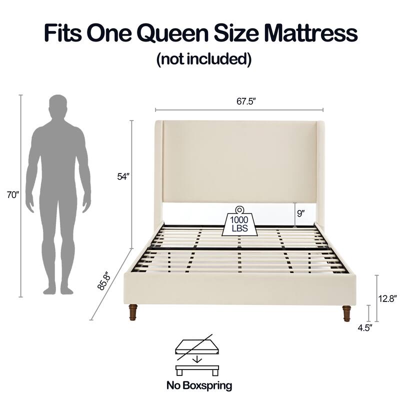 Modern Metal Frame Tall Headboard Boucle Upholstered Platform Bed with Walnut Wood Legs.