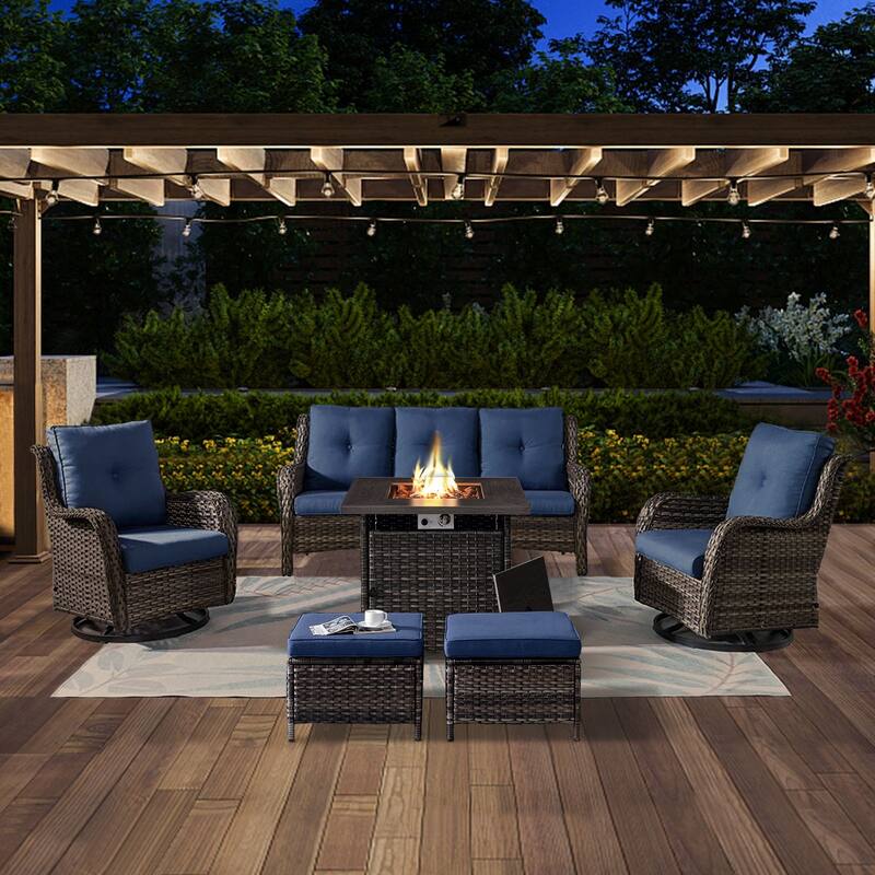 Gymojoy 6-Piece Outdoor Wicker Patio Furniture with Fire Pit Table, Rattan Coversation Set with Water Resistant Thick Cushions - Grey Wicker / Blue Cusion - 6-Piece