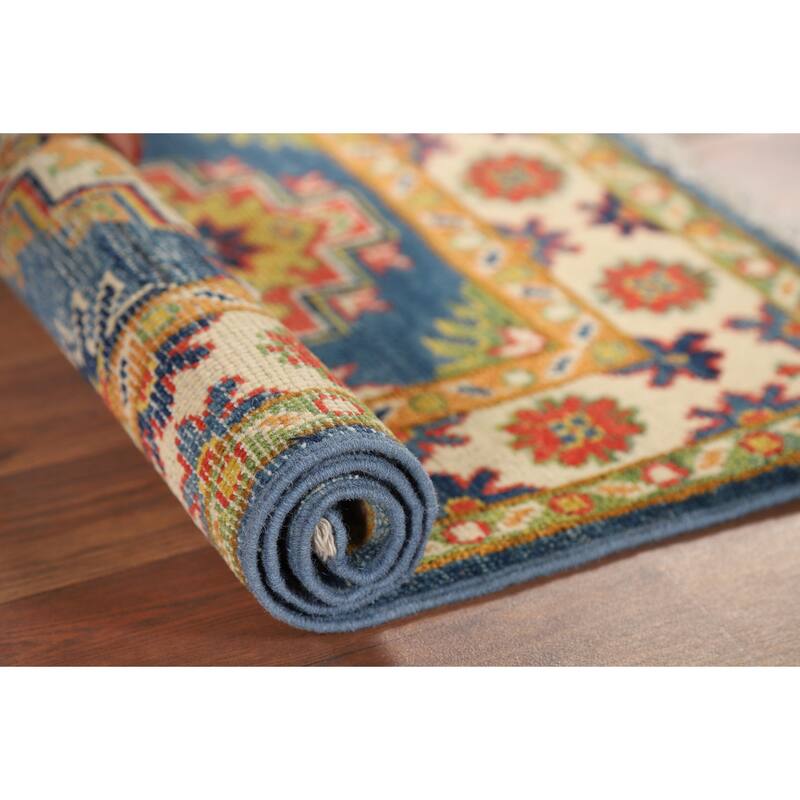 Blue Geometric Kazak Oriental Accent Rug Hand-Knotted Wool Carpet - 1'11" x 3'0"